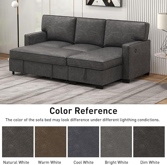 EBELLO Convertible Sleeper Sofa 3 in 1, Faux Leather Modern L-Shaped Couches for Living Room, Pull Out Sectional Futon Sofa Bed with Storage Space, USB Ports and Cup Holders for Bedroom