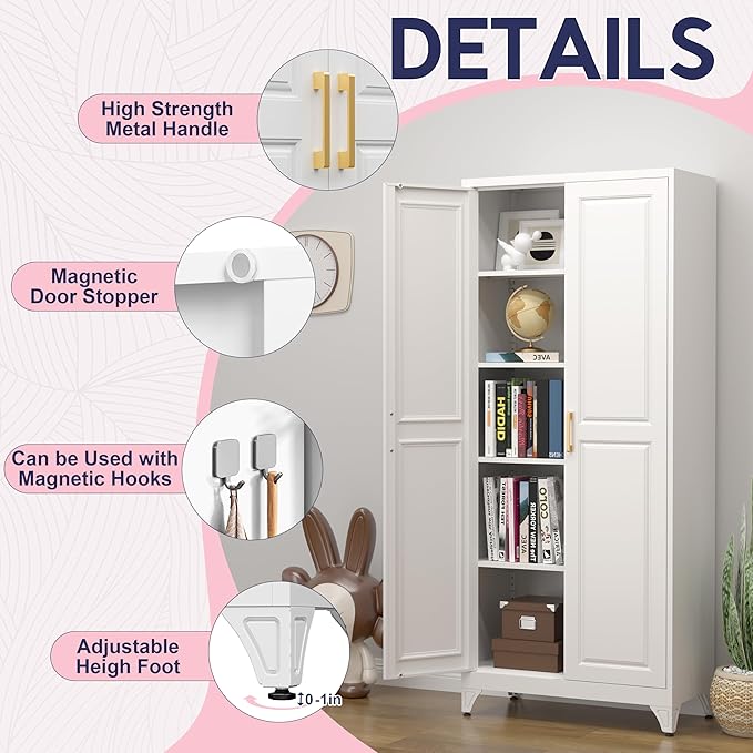 75" Storage Cabinet, Metal Pantry Cabinet, Kitchen Pantry Storage Cabinets with Doors and 4 Shelves, Cabinets for Laundry Room, Living Room, Dinning Room, Assembly Required, White