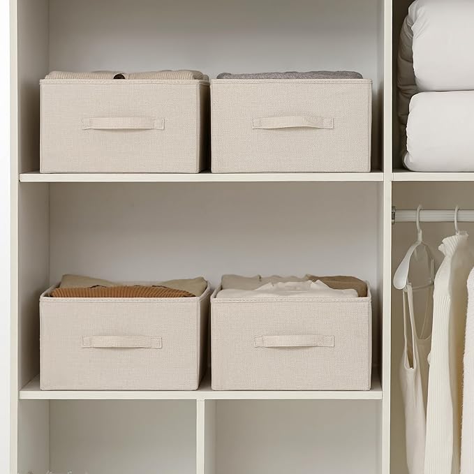 Linen Folding Storage Bins, 3 Pack Large Storage Baskets, Washable, Clothing Storage Bins with Handle, Closet Organizer for Storage Sweater,Sheets(Beige, 18½"x13½"x8½")