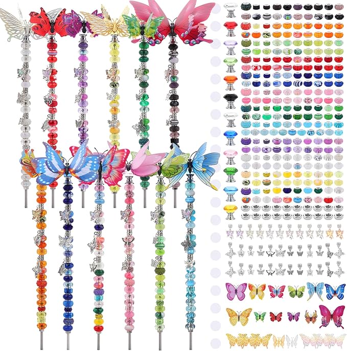 380pcs Beaded Garden Stake, DIY Butterfly Fairy Wand Garden Stake Kit with 10IN Threaded Rod Crystal Stopper Top Large Holes Beads Butterfly Decoration Pendants Outdoor Fairy Garden kit