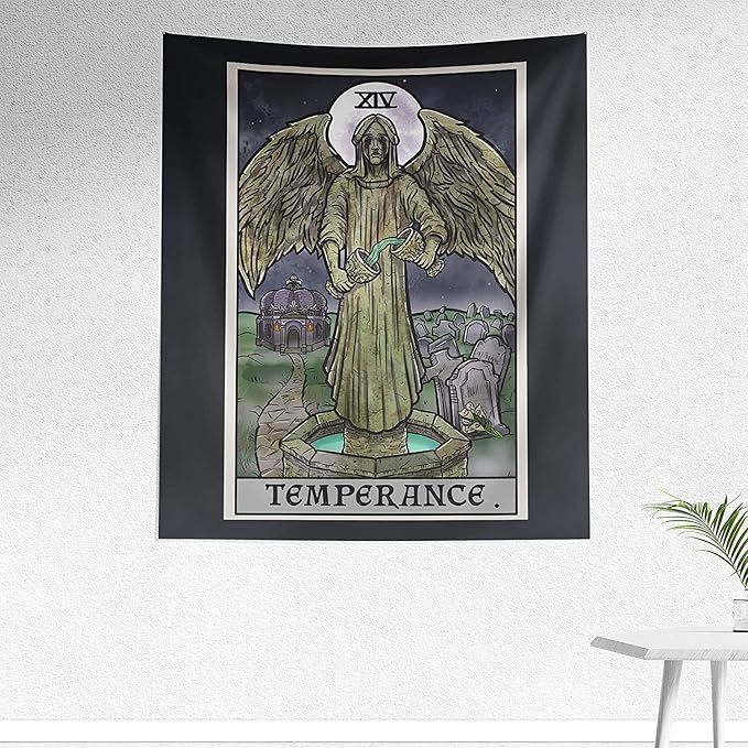 The Ghoulish Garb Temperance Tarot Card Tapestry - Crying Angel Statue - Gothic Halloween Home Decor Wall Hanging (60" x 50")