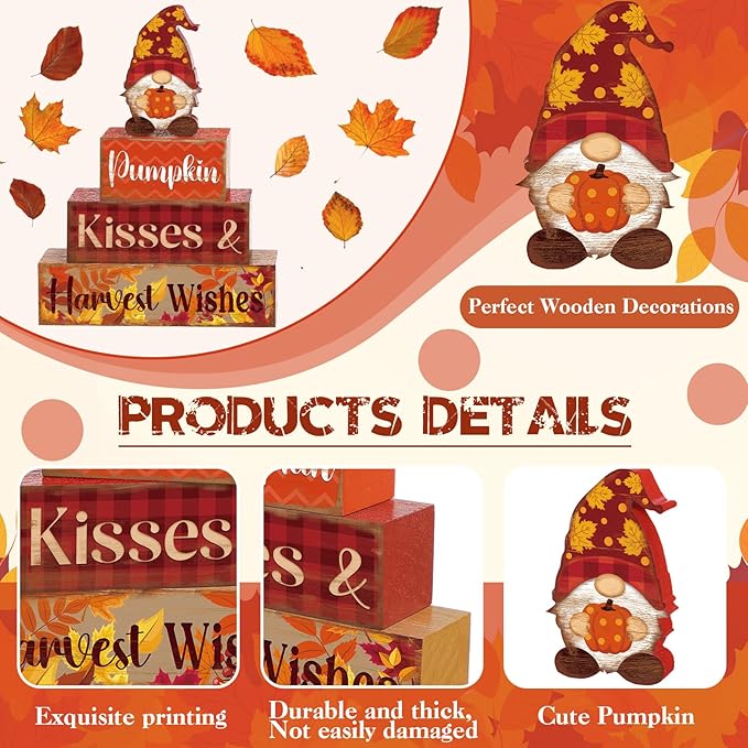 4 Pcs Fall Decor for Home Gnomes Wooden Signs with Sayings Fall Gnomes Tiered Tray Decor Autumn Harvest Tabletop Centerpiece Pumpkin Block Signs for Thanksgiving Office Kitchen Shelf