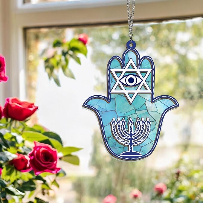 FLAGWIX Hanukkah Gifts for Women Men - Double Layered Hanging Suncatcher 6 in - Christmas Birthday Spiritual Good Luck Housewarming Gifts for Mom Dad Friends, Hamsa Hand Fatima Home Decor