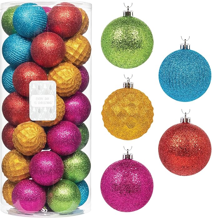 Every Day is Christmas Ornaments, Shatterproof Christmas Tree Ornament Set, Christmas Balls Decoration 35 Count (2.75"/70mm, Textured Rainbow)