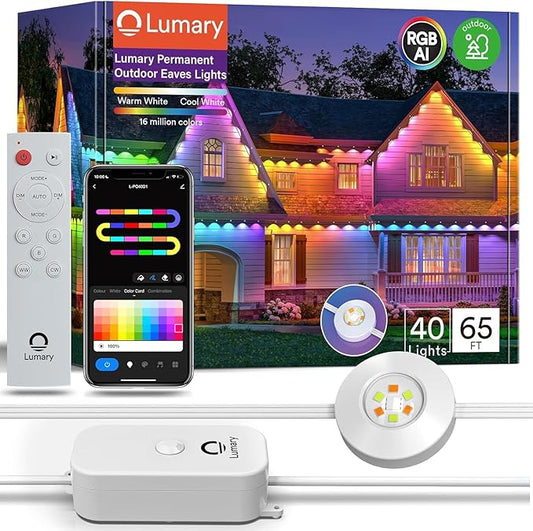 Lumary Permanent Outdoor Lights Pro 53ft for House, 40LED 50lm RGBAICW Smart Eave Lights, IP67 Waterproof, Multi Scene for Daily and Holiday Accent Lighting Decor, Work with Alexa, Google, Remote