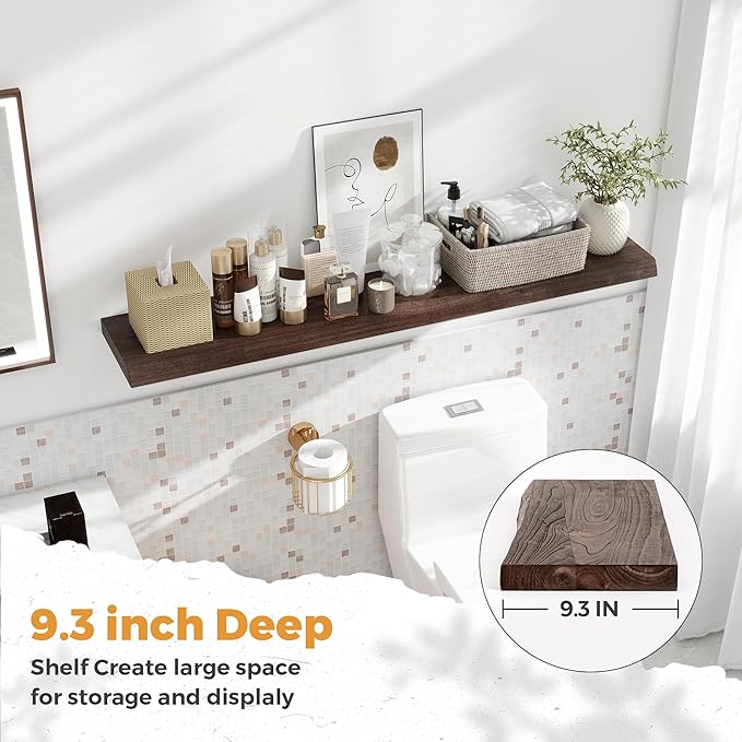 RICHFOCUS Live Edge Elm Floating Shelves - 48" W x 9.3" D Rustic Solid Wood Wall Shelves with Invisible Bracket, Wall-Mounted for Living Room, Bedroom, Kitchen Storage & Display, Set of 1, Walnut