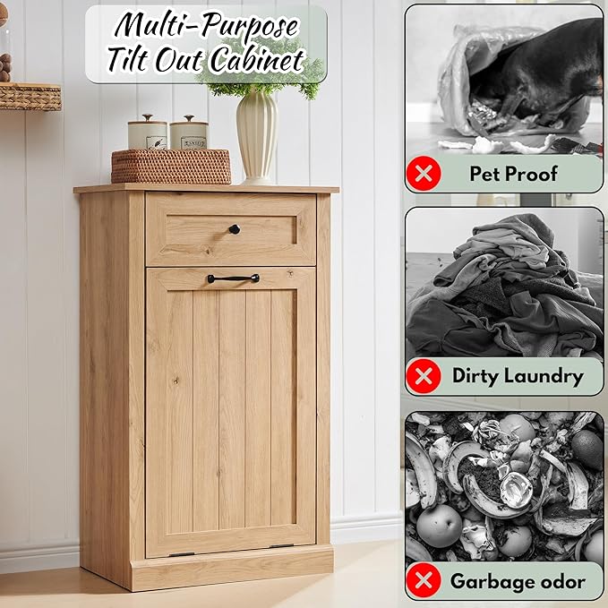 Tilt Out Laundry Hamper Cabinet, 10 Gallon Farmhouse Trash Can Cabinet with Drawer, Hidden Wood Garbage Can Bin Cabinets with Laundry Storage Basket for Bathroom, Kitchen, Natural