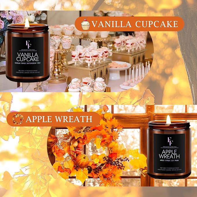 Fall Candles Set, 4 Pack Candles for Home Scented Natural Soy Wax, Autumn Gifts Set for Women Men, Fall Fragrance of Spice/Vanilla Cupcake/Apple Wreath/Hello Fall
