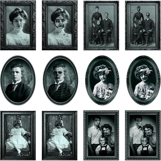 6 Pack Halloween Decoration 3D Changing Face Moving Gothic Horror Picture Frames Portrait, Waterproof, Full adhesive backing, Spooky Halloween Wall Decor For Haunted Mansion Castle Masquerade Party