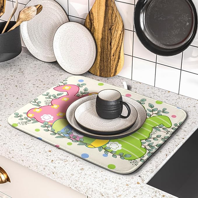 Easter Dish Drying Mat for Kitchen Counter Cute Bunny Rabbit Festival Seasonal Absorbent Reversible Microfiber Kitchen Countertop Protector Dishes Pad Large 16x18 inch
