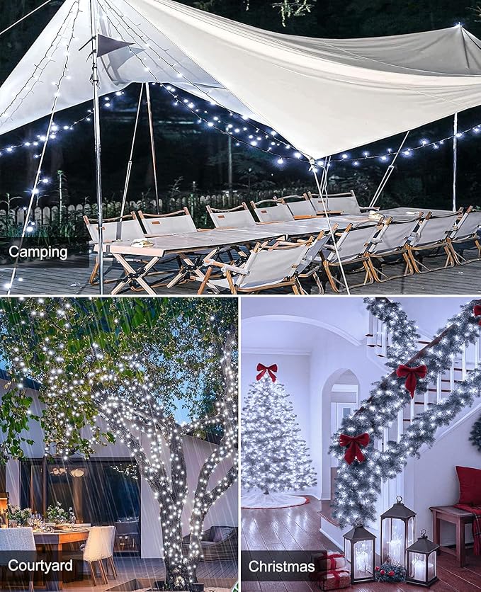 197FT 600 LED Christmas Lights Outdoor, Plug in Christmas Tree Lights 8 Modes, Waterproof Green Wire String Twinkle Lights for Indoor House Patio Yard Party Wedding Holiday Decorations, White