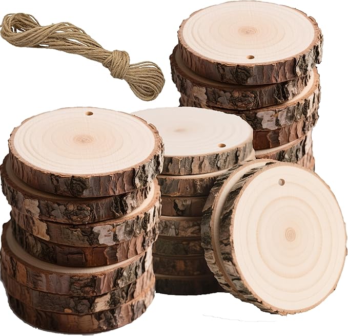 20PCS Pre-Drilled Wood Slices with Holes, 3.2-4 Inch Natural Pine Discs & 8M Hemp Rope, Sanded Smooth DIY Crafts Kit for Christmas Ornaments, Rustic Wedding Decor, Kids Art (30pcs)