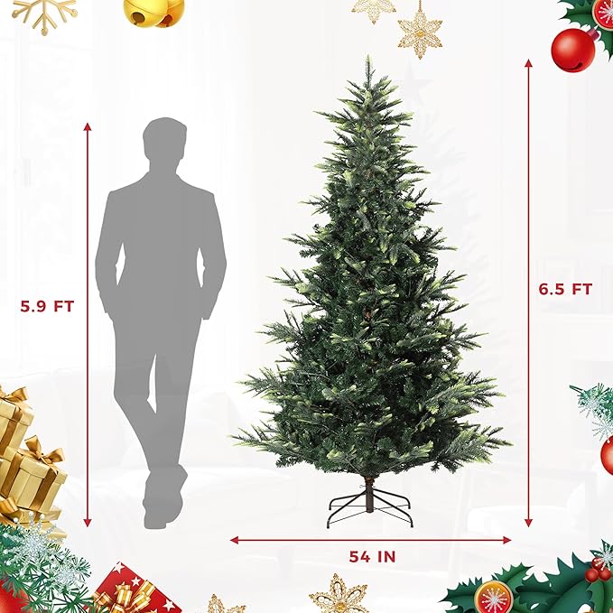 6.5ft Pre-lit Artificial Christmas Tree,Spruce Prelit Christmas Trees for Home,Office,Party Thickened PE&PVC Branch Tips & UL Listed Lights Incandescent Warm White,Fire-Resistant Automatic Branches