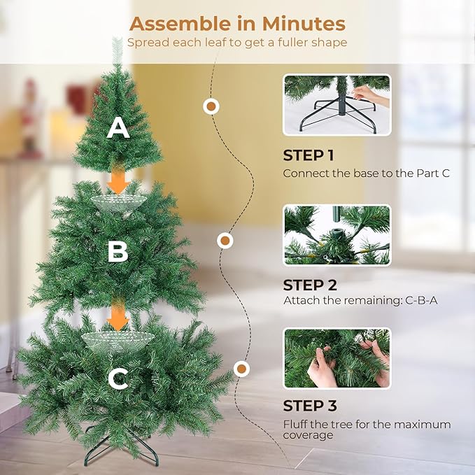 7.5 ft Artificial Christmas Tree with 1300 Branch Tips, Holiday Xmas Tree with Foldable Base and Easy Assembly, Outdoor Christmas Trees for Yard Porch Home Office Party Decoration, Green