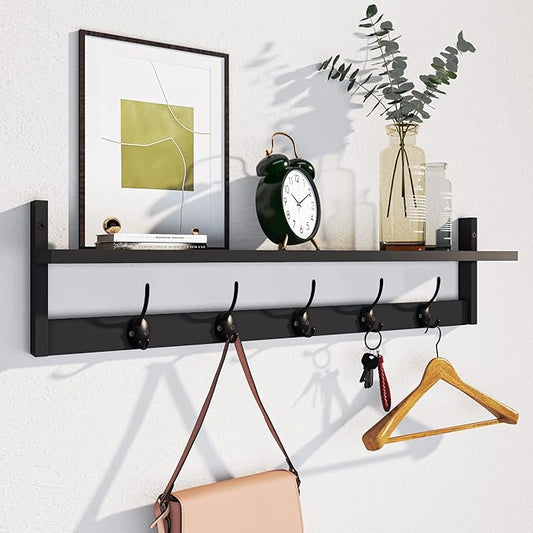 AMBIRD Wall Hooks with Shelf Entryway Hanging Wood Coat Hooks with Shelf Wall-Mounted Coat Hook Rack with 5 Dual Hooks for Bathroom, Living Room, Bedroom (Stylish)