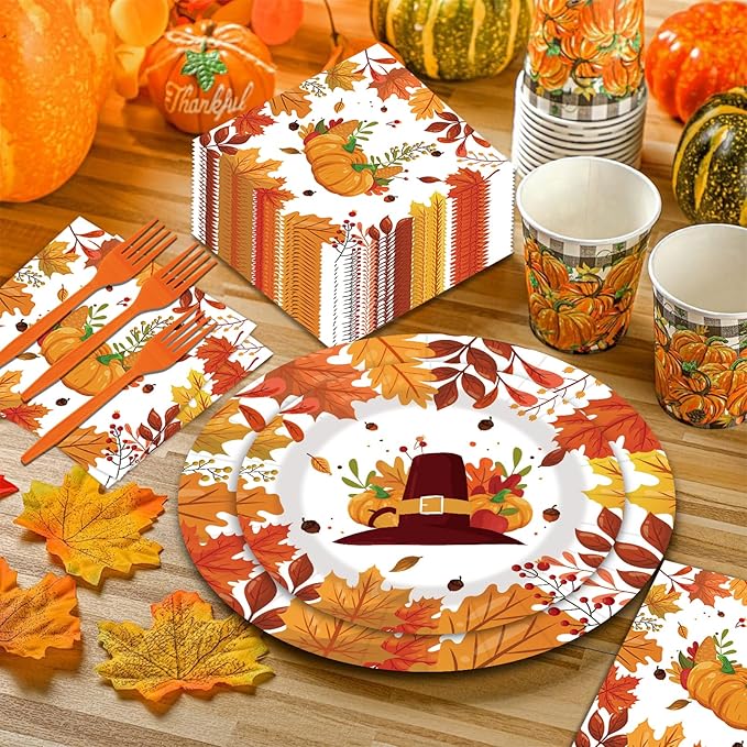 80pcs Fall Thanksgiving Paper Plates and Napkins Forks Dinner Cake Plates Autumn Leaves Pumpkin Party Decorations for Fall Thanksgiving Holiday Wedding Birthday,Serves 20 (Autumn)