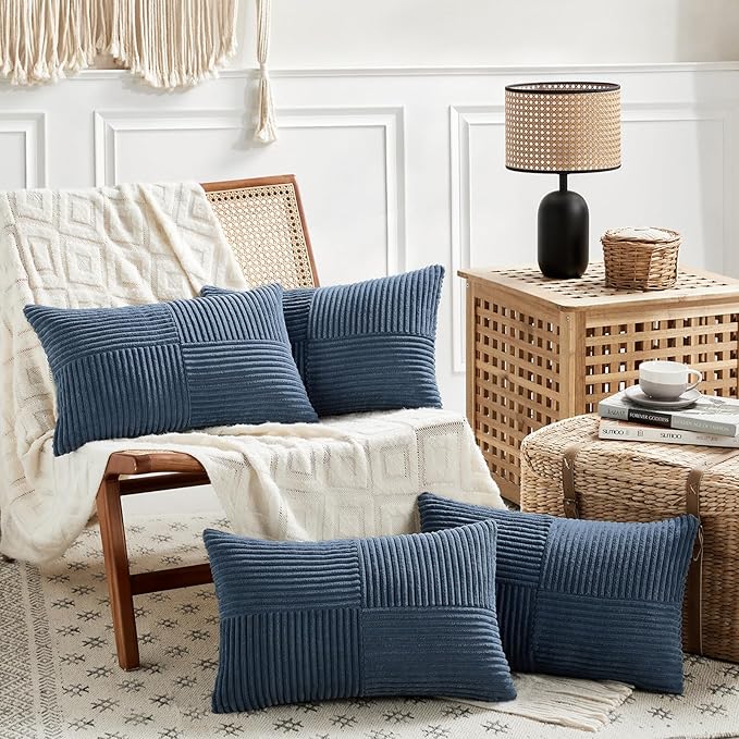 Fancy Homi 2 Packs Dusty Blue Lumbar Decorative Throw Pillow Covers 16x32 Inch for Couch Bed Sofa, Rustic Farmhouse Boho Home Decor, Soft Striped Corduroy Rectangle Accent Cushion Case 40x80 cm