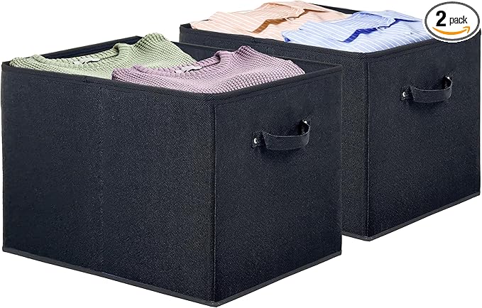 SIMPLE HOUSEWARE 15 x 13 Inch Collapsible Fabric Storage Bin with Handles, 2 Pack, Black