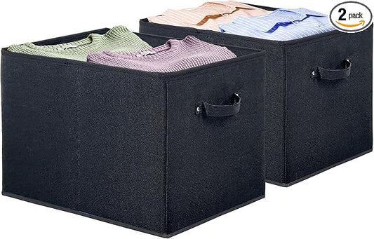 SIMPLE HOUSEWARE 15 x 13 Inch Collapsible Fabric Storage Bin with Handles, 2 Pack, Black