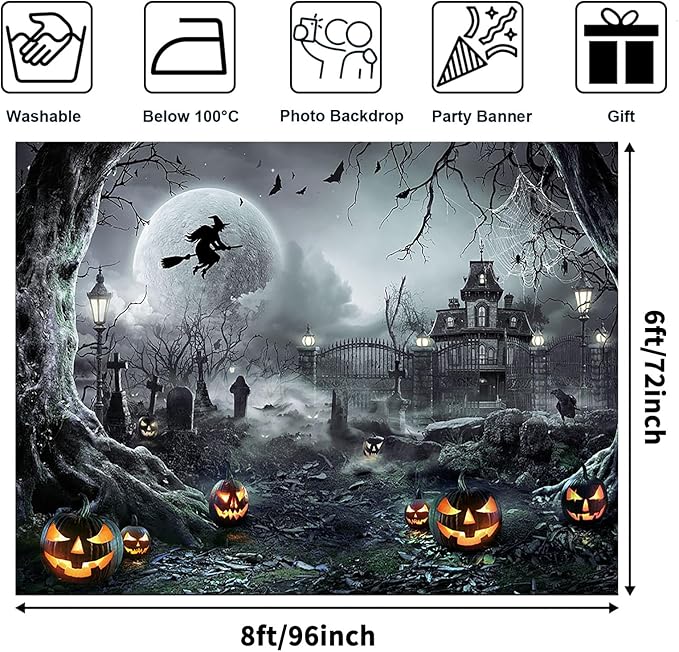 Avezano Halloween Photography Backdrop Full Moon Scary Night Castle Pumpkins Party Background Spooky Witch Bats Cemetery Child Kids Halloween Party Decorations Photoshoot Backdrops (8x6ft, Gray)