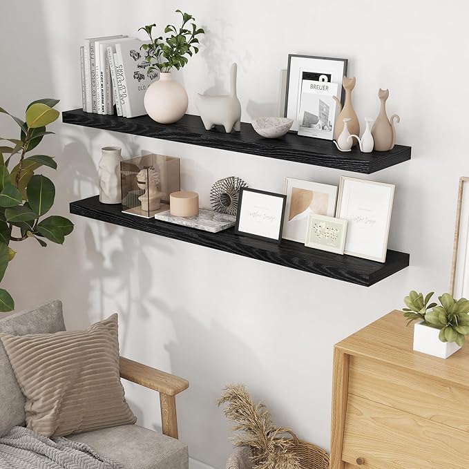 Fun Memories Floating Shelves 55 Inch Set of 2, Black 55 x 9 Wall Shelves for Home Decor Storage, Rustic Wood Floating Shelf for Wall, 9 Inch Deep Shelving for Bathroom, Living Room, Kitchen