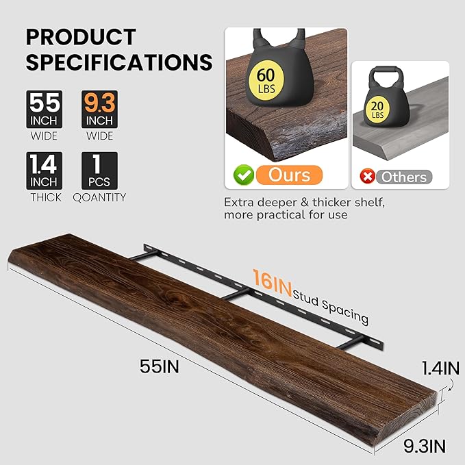 Floating Shelves for Wall, 55"x9.3" Rustic Solid Live-Edge Elm Wood Wall Shelves, Heavy-Duty Floating Shelves with Invisible Brackets, Set of 2 for Living Room, Bedroom, and Kitchen, Walnut Finish