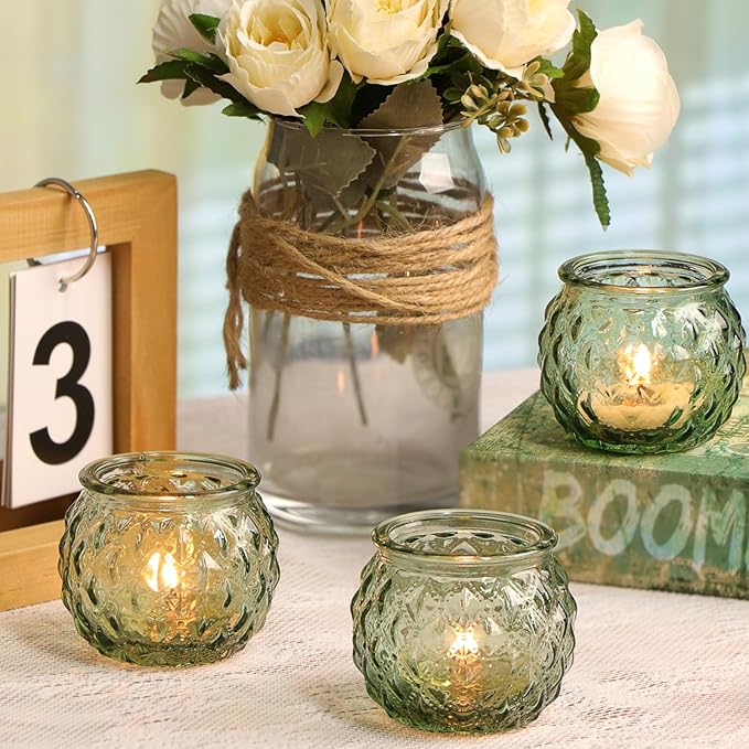 Green Votive Candle Holders Set of 24- Round Glass Candle Holders Bulk for Flameless LED Tea Waxes, Candle Holder for Wedding Shower & Home Table Decor, Various Parties