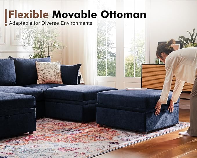 Luxury Modular Sectional Sofa, L-Shaped 3-Seat Couch with Storage Ottoman Deep Seat & Reversible Chaise Lounge Chenille Blue for Compact Spaces, Apartments, Dorm