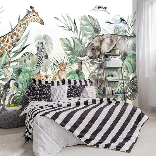 '-Tropical Rainforest Plants Animals Tigers Fabric Wallpaper Jungle Plants Banana Leaves Boys Girls Kindergarten Children Bedroom Large Mural- 91"x65"（ not Peel and Stick）