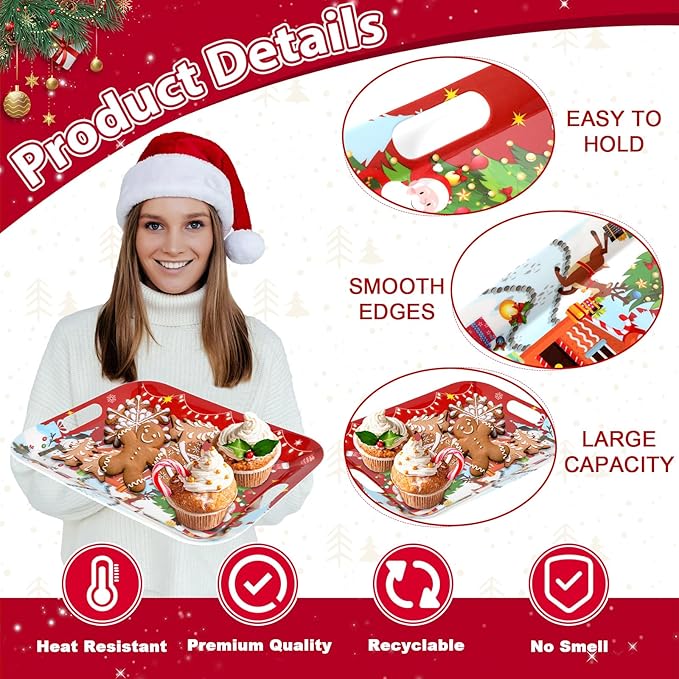 gisgfim 2PCS Christmas Serving Tray with Handles 16 X 11 Inch Large Melamine Platter Serving Dishes Rectangular Xmas Tree Santa Snowman Gingerbread House Food Tray for Snack Cookie Candy Dessert Plate