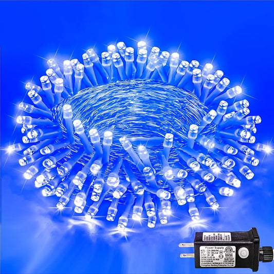 120 LED Blue Christmas Lights Outdoor, 40ft Clear Wire Blue String Lights 8 Modes, Plug in Waterproof Fairy String Light for Indoor Christmas Tree Bedroom Decorations