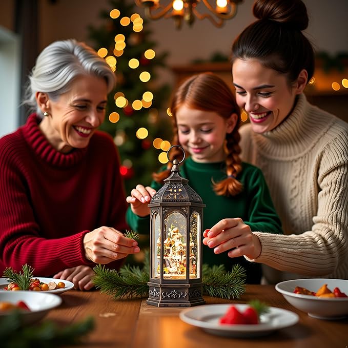 Animated Christmas Village Buildings with Moving Figurines Lighted Water Lantern, USB Lined/Battery Operated Snow Globe for Christmas Festival Decoration Gifts