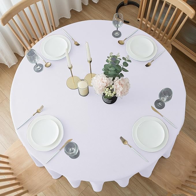 Biscaynebay Textured Fabric Round Tablecloths 70" for Round Tables diameters from 30" to 58", White Water Resistant Folding Table Covers Washable for Dining, Kitchen, Wedding, Parties etc