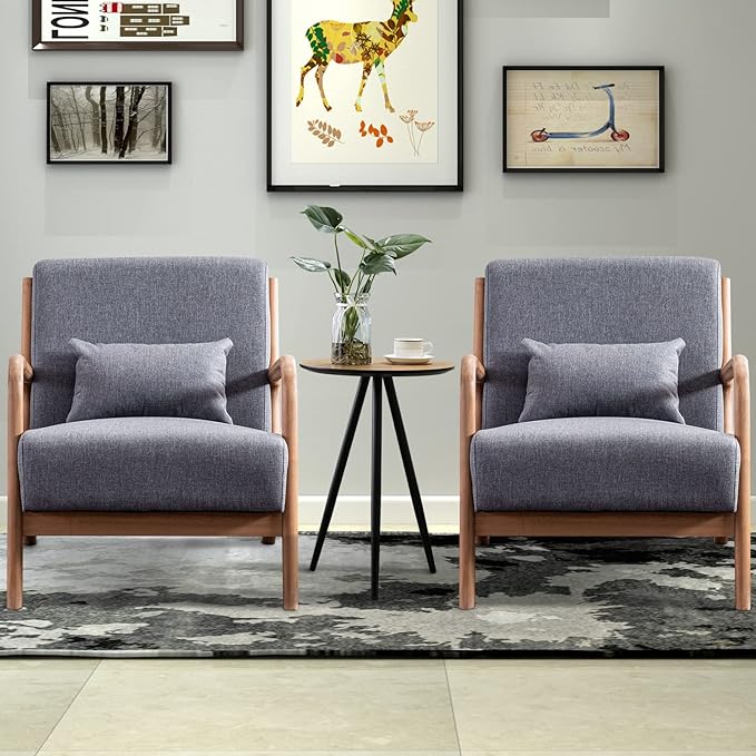 INZOY Mid-Century Modern Accent Chair Set of 2, Dark Grey Living Room Chairs with Waist Cushion, Upholstered Reading Armchair for Bedroom Sunroom