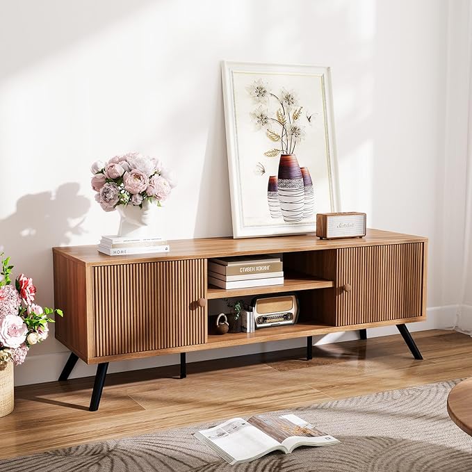 COMHOMA TV Stand for Living Room, Mid Century Modern Entertainment Center for 55/60/65 Inch TVs, Retro Brown TV Console with Fluted Door Cabinets and Open Adjustable Shelve Storage for Bedroom