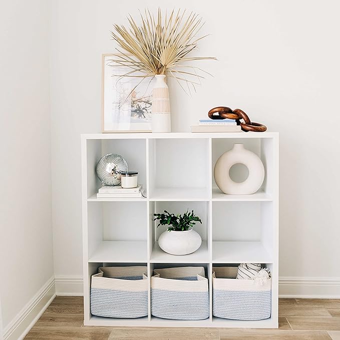 OrganiHaus White and Blue Basket | Coiled Rope Basket with Handles | Woven Basket for Storage | Nursery Storage Basket | Decorative Storage Basket | Towel Baskets for Bathroom | Baby Toy Basket