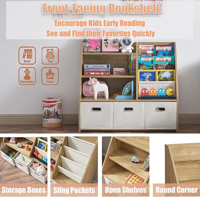 Kids Bookshelf and Toy Storage Organizer, Montessori Nursery Book Shelves with 3 Tier Sling Rack & Fabric Toy Bins, Children Toddler Baby Bookshelf, Wooden Toy Shelf for Kids Room Playroom