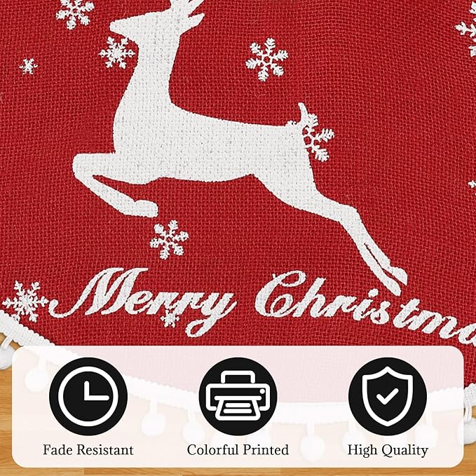 48 Inch Christmas Tree Skirt, Burlap Red Christmas Rustic Tree Skirt with Elk Deer and White Snowflake Printed for Holiday Party Xmas Tree Decoration
