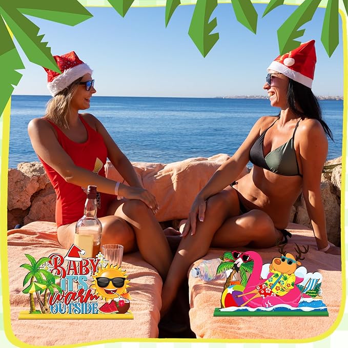 6 Pcs Summer Christmas in July Wooden Table Decoration July Summer Table Centerpiece Sets Decor Christmas Party Supplies Santa Flamingo Palm Tree Beach Party Table Decorations Holiday Xmas Supplies