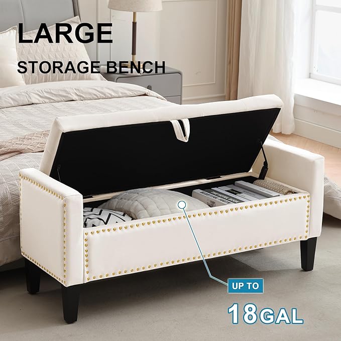 Storage Ottoman Bench, Velvet Upholstered Footstool for Bedroom and Living Room, Tufted Seat with Storage, Wooden Legs & Metal Rivets, Beige