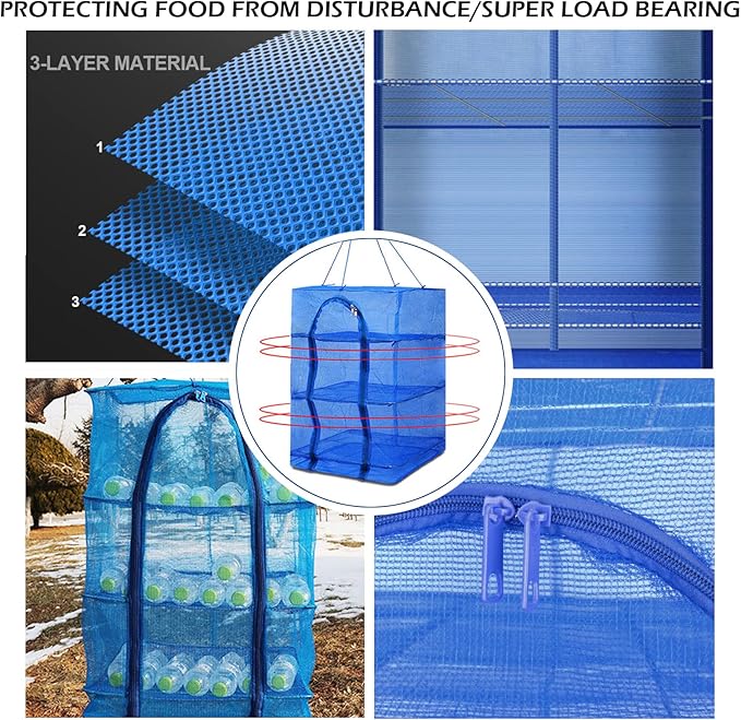 Drying Rack 4 Layers Folding Mesh, Foldable Nylon Netting, Hanging Drying Net, for Shrimp, Fish, Fruit, Vegetables, Herb, with Zipper Opening - Blue (25.59X13.78X13.78 in)