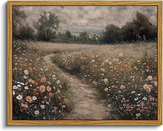 VIYYIEA Framed Canvas Wall Art Home Decor Vintage Landscape Nature Country Wildflower Paintings Farmhouse Pictures Floral Artwork Rustic Flower Prints Cottagecore Living Room Bedroom Bathroom 8x10in