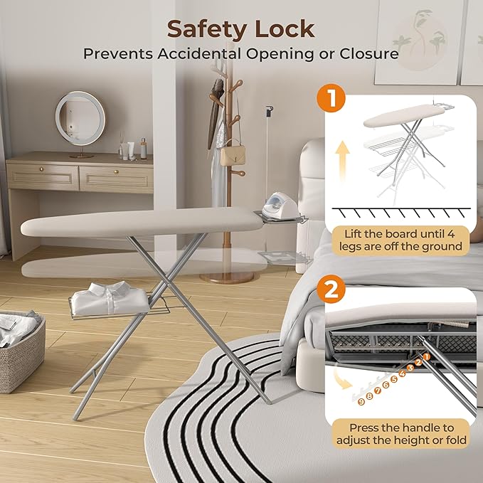 Yaheetech Ironing Board, Compact Iron Board with Cord Holder, Steam Iron Rest and Bottom Storage Tray, 9 Adjustable Heights & 3 Layer Cover, Folding Heavy Duty Ironing Board 52X14, Beige