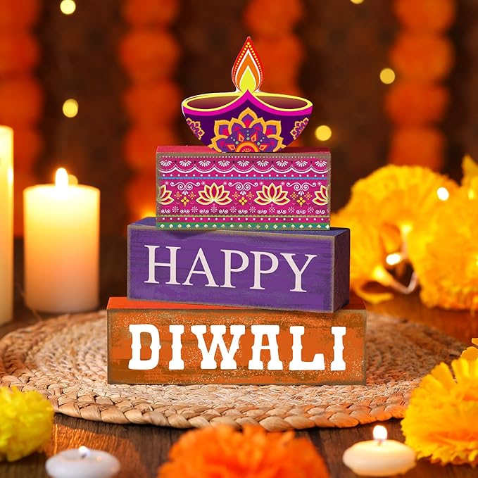 4 Pcs Diwali Wooden Table Decoration Centerpiece Happy Diwali Tiered Tray Decor Warm Wishes Diyas Wooden Design for Traditional Festival Party Deepawali Celebration Supplies