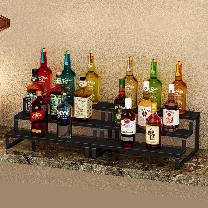 Giikin 3 Tier Spice Rack, Set of 2 Wooden Spice Rack for Countertop, Cabinet Organizer Shelf Kitchen Counter Storage Shelves Cupcake Stand Holder Display Stand, Black