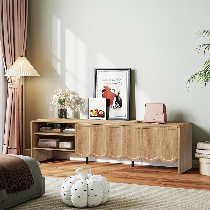 ORRD 63'' TV Stand, Modern TV Console Table Wave Panel Television Stands Entertainment Media Center with Storage Compartment and Sliding Door for Living Room (Natural)
