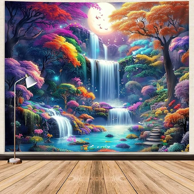 GOAOK Fantasy Enchanted Forest Tapestry, Fairytale Wonderland Colorful Tree Waterfall Art Moon Magical Aesthetic Landscape Tapestry Wall Hanging for Bedroom College Dorm Room?60"X40"Inch
