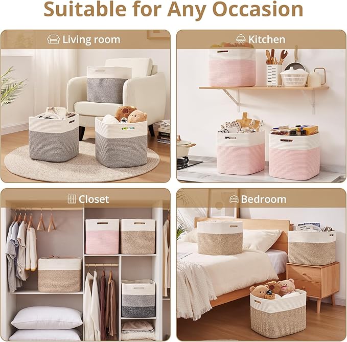 OIAHOMY 13 Kallax Inch Cube Storage Bins, 3-Pack Cotton Rope Woven Baskets for Organizing, Kallax Insert Storage Baskets for Shelves, Baby Nursery, Closet Organizer, 13*13*12.6IN, Gradient Gray