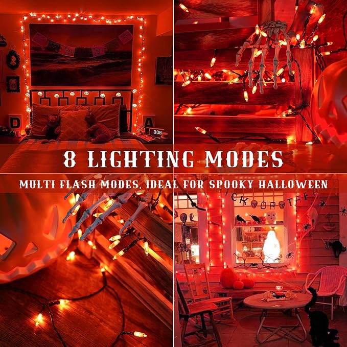 BrizLabs Orange Halloween Lights, 33ft 100 LED Battery Halloween Lights, 8 Modes Orange String Light with Timer, Indoor Outdoor Battery Light String for Party Xmas Thanksgiving Bedroom Patio Decor