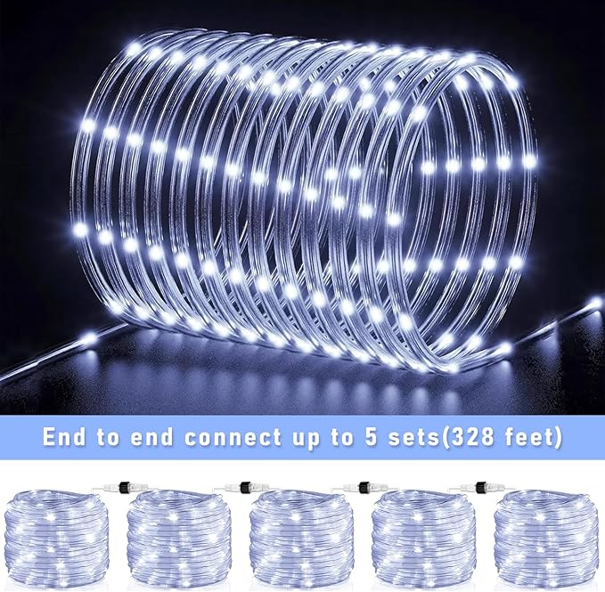 66FT 200 LED Rope Lights for Outside, White Christmas Lights Outdoor Waterproof, 8 Modes Connectable Clear Tube Lights for Indoor Garden, Backyard, Patio, Deck, Pool, Tree Decorations